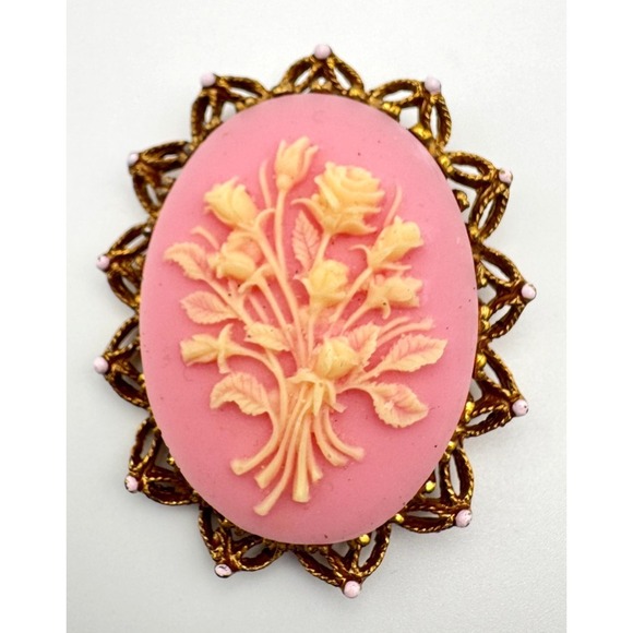 The Unbranded Brand Jewelry - Vintage Floral Cameo Brooch Pink Victorian Revival Rose Bouquet Gold Tone
